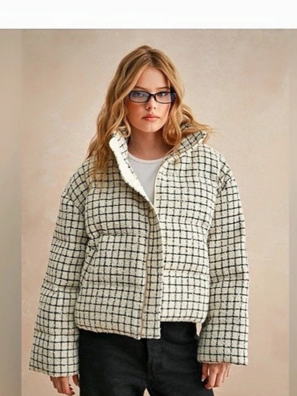 Jason Wu Quilted Tweed Puffer Jacket Hooded Zip-Front Outerwear Checkered Pu